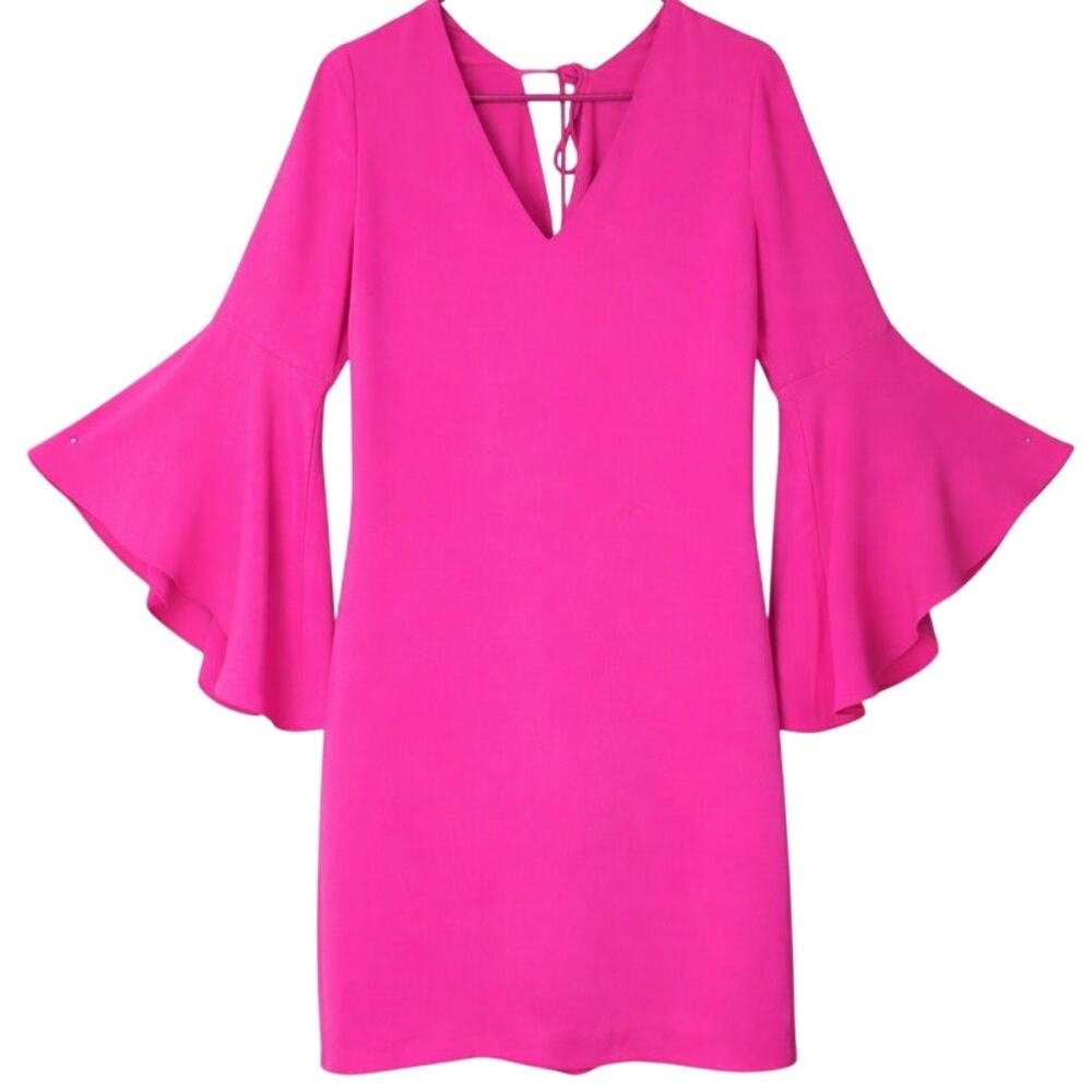 Trina Turk Mini Dress Hot Pink Bell Sleeve Tie Back Designer Spring Wedding